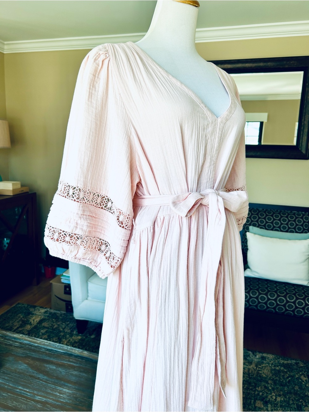 Caslon Pink Cotton Gauze Maxi Dress Puff Sleeve Crochet Lace Pintuck XL NWT - Picture 6 of 16
